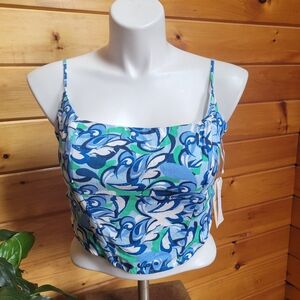 💰⏳️Midnight Sky Cute Linen Blend Smocked Crop Top With Adjustable Straps Lg NWT